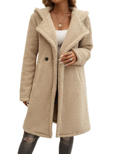 Onsoyours Damen Lange Plüschjacke Knopfleiste Langarm Revers Fleece Mantel Jacke Trenchcoat Elegante Leicht Parka Coat Outwear mit Taschen Herbst Winter C Kamel S von Onsoyours