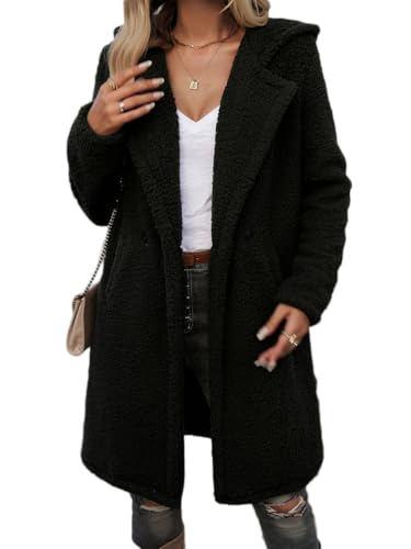 Onsoyours Damen Lange Plüschjacke Knopfleiste Langarm Revers Fleece Mantel Jacke Trenchcoat Elegante Leicht Parka Coat Outwear mit Taschen Herbst Winter C Schwarz M von Onsoyours