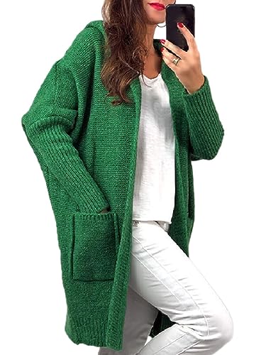Onsoyours Damen Lange Strickjacke Herbstjacke übergangsjacke Herbst Winter Kapuzenpullover mit Offenem Stich und Fledermausärmeln Strickjacke Mantel Dicke Winterjacke A Grasgrün L von Onsoyours
