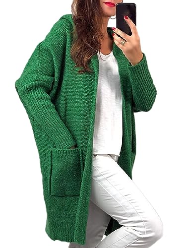 Onsoyours Damen Lange Strickjacke Herbstjacke übergangsjacke Herbst Winter Kapuzenpullover mit Offenem Stich und Fledermausärmeln Strickjacke Mantel Dicke Winterjacke A Grasgrün M von Onsoyours