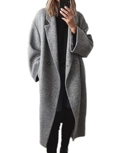 Onsoyours Damen Lange Tweed Trenchcoat Mantel Langarm Revers Jacke Elegante Parka Coat mit Taschen Herbst Winter Knopfleiste Outwear Manteljacke A Grau L von Onsoyours