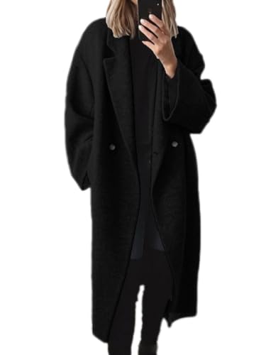 Onsoyours Damen Lange Tweed Trenchcoat Mantel Langarm Revers Jacke Elegante Parka Coat mit Taschen Herbst Winter Knopfleiste Outwear Manteljacke A Schwarz M von Onsoyours