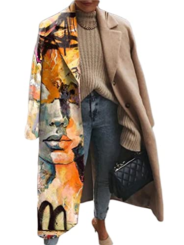 Onsoyours Damen Langer Mantel Mode Herbst Frühling Jacke Winddichter Mantel Brief Druck Casual Übergangsmantel Freizeit Outwear Herbstjacke C Khaki XXL von Onsoyours