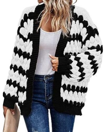 Onsoyours Damen Laternenärmel Strickjacke Grobstrick Cardigan Gestreiftes Patchwork Gedrehter Stricken Jacke Casual Lose Open-Front Übergangsjacke Strickpullover Mantel A Schwarz-Weiß M von Onsoyours