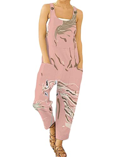 Onsoyours Damen Latzhose Beiläufig Boho Blumendruck Hosen Rompers Retro Lose Lange Jumpsuit mit Tasche Eleganter Baumwolle Leinen Strampler Overall Wide Leg Playsuit A Rosa M von Onsoyours