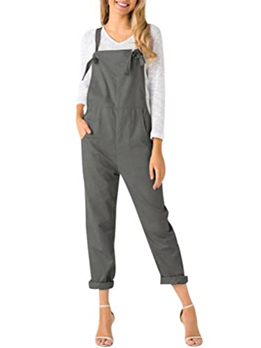 Onsoyours Damen Latzhose Beiläufig Boho Blumendruck Hosen Rompers Retro Lose Lange Jumpsuit mit Tasche Eleganter Baumwolle Leinen Strampler Overall Wide Leg Playsuit B Grau M von Onsoyours