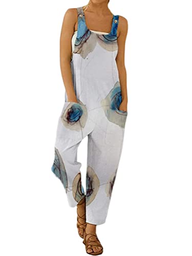 Onsoyours Damen Latzhose Beiläufig Boho Blumendruck Hosen Rompers Retro Lose Lange Jumpsuit mit Tasche Eleganter Baumwolle Leinen Strampler Overall Wide Leg Playsuit C Blau M von Onsoyours