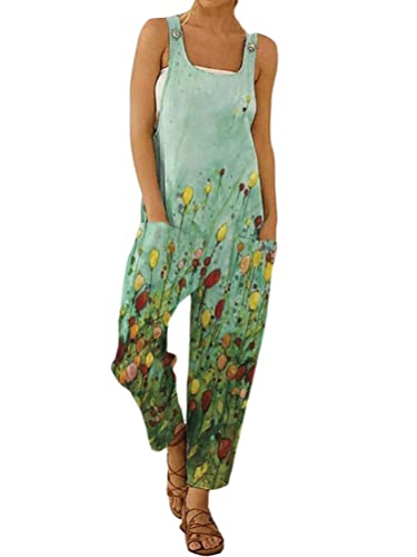 Onsoyours Damen Latzhose Beiläufig Boho Blumendruck Hosen Rompers Retro Lose Lange Jumpsuit mit Tasche Eleganter Baumwolle Leinen Strampler Overall Wide Leg Playsuit C Blume S von Onsoyours