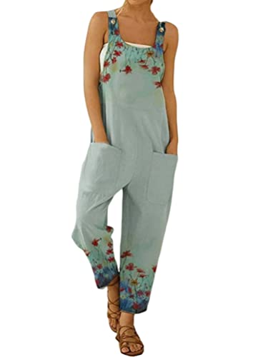 Onsoyours Damen Latzhose Beiläufig Boho Blumendruck Hosen Rompers Retro Lose Lange Jumpsuit mit Tasche Eleganter Baumwolle Leinen Strampler Overall Wide Leg Playsuit C Grün M von Onsoyours