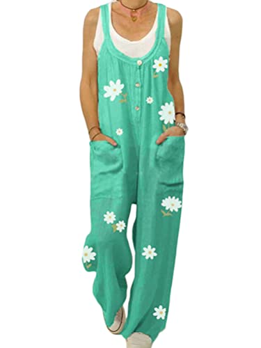 Onsoyours Damen Latzhose Beiläufig Boho Blumendruck Hosen Rompers Retro Lose Lange Jumpsuit mit Tasche Eleganter Baumwolle Leinen Strampler Overall Wide Leg Playsuit D Blüte Dunkelgrün 3XL von Onsoyours