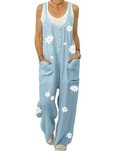 Onsoyours Damen Latzhose Beiläufig Boho Blumendruck Hosen Rompers Retro Lose Lange Jumpsuit mit Tasche Eleganter Baumwolle Leinen Strampler Overall Wide Leg Playsuit D Blume Dunkelblau S von Onsoyours