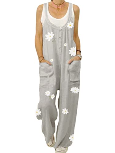 Onsoyours Damen Latzhose Beiläufig Boho Blumendruck Hosen Rompers Retro Lose Lange Jumpsuit mit Tasche Eleganter Baumwolle Leinen Strampler Overall Wide Leg Playsuit D Blume Grau L von Onsoyours