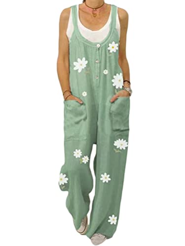 Onsoyours Damen Latzhose Beiläufig Boho Blumendruck Hosen Rompers Retro Lose Lange Jumpsuit mit Tasche Eleganter Baumwolle Leinen Strampler Overall Wide Leg Playsuit D Blume Grün XL von Onsoyours