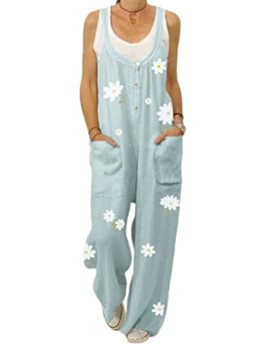 Onsoyours Damen Latzhose Beiläufig Boho Blumendruck Hosen Rompers Retro Lose Lange Jumpsuit mit Tasche Eleganter Baumwolle Leinen Strampler Overall Wide Leg Playsuit D Blume Hellblau S von Onsoyours