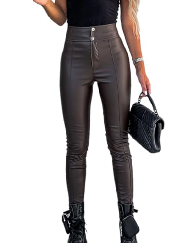 Onsoyours Damen Leder High Waist Lederhose Thermoleggins Skinny Lederoptik Leggins Hose Pu Lederhose Jeggings Bootcut Strumpfhose Hotpants 2 Braun XL von Onsoyours