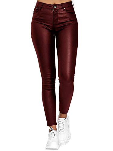 Onsoyours Damen Leder Hose Imitat Push Up Classic Skinny Coated Biker Pants Weinrot L von Onsoyours