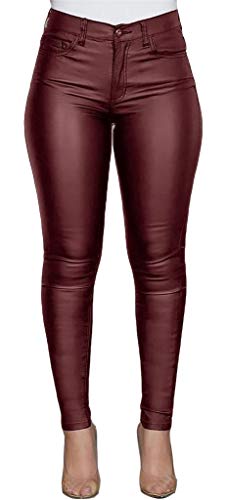 Onsoyours Damen Lederhose Sexy Skinny Legging Stretch PU Leder Look Optik Schwarz Schlank Hose Kunstlederhose Treggins Push Up Biker Pants Einfarbig Beiläufig Frauen Hose Weinrot XXL von Onsoyours