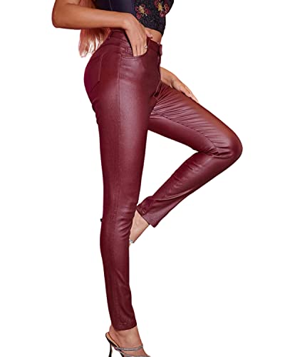 Onsoyours Damen Lederhose Sexy Skinny Legging Stretch PU Leder Look Optik Weinrot Schlank Hose Kunstlederhose Treggins Push Up Biker Pants Einfarbig Slim Beiläufig Frauen Leder Hose Weinrot L von Onsoyours