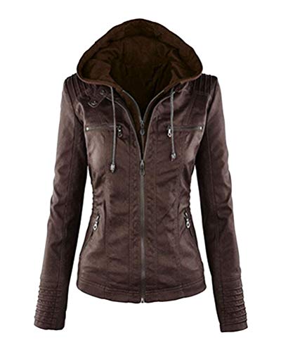 Onsoyours Damen Lederjacke mit Kapuze Reißverschluss Motorradjacke Bikerjacke Kapuzenjacke Herbst Winter Mode Übergangsjacke Kurzer Mantel Verbesserte Version Geruchlos Dunkelbraun 34 von Onsoyours