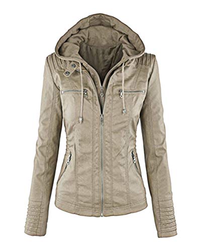 Onsoyours Damen Lederjacke mit Kapuze Reißverschluss Motorradjacke Bikerjacke Kapuzenjacke Herbst Winter Mode Übergangsjacke Kurzer Mantel Verbesserte Version Geruchlos Khaki 40 von Onsoyours