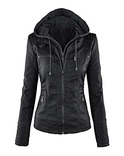 Onsoyours Damen Lederjacke mit Kapuze Reißverschluss Motorradjacke Bikerjacke Kapuzenjacke Herbst Winter Mode Übergangsjacke Kurzer Mantel Verbesserte Version Geruchlos Schwarz 34 von Onsoyours