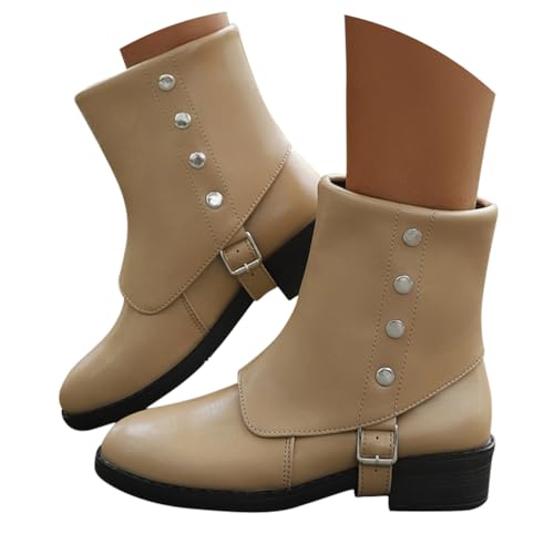 Onsoyours Damen Lederstiefel Kurze Stiefel Retro Ankle Boots Stiefel mit Blockabsatz Schneestiefel A Khaki 38 EU von Onsoyours