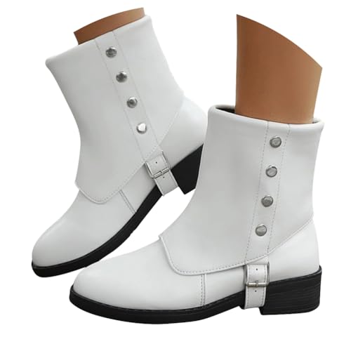 Onsoyours Damen Lederstiefel Kurze Stiefel Retro Ankle Boots Stiefel mit Blockabsatz Schneestiefel A Weiß 42 EU von Onsoyours