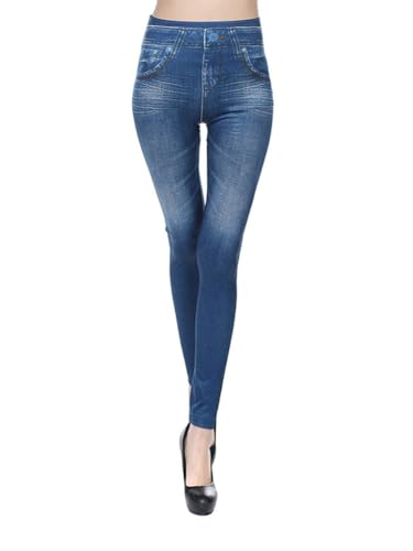 Onsoyours Damen Leggings Jeans-Look High Waist Jeggings Stretch Hose Bedruckte Yogahose Kompressions Fitnesshose für Gym Laufen Fitness G Blau L von Onsoyours