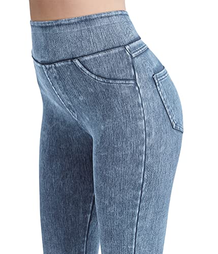 Onsoyours Damen Leggings Jeans-Look High Waist Jeggings Stretch Jeans Hose Blickdicht Einfarbig Yogahose Kompressions Fitnesshose für Gym Laufen Fitness G Hellblau L von Onsoyours