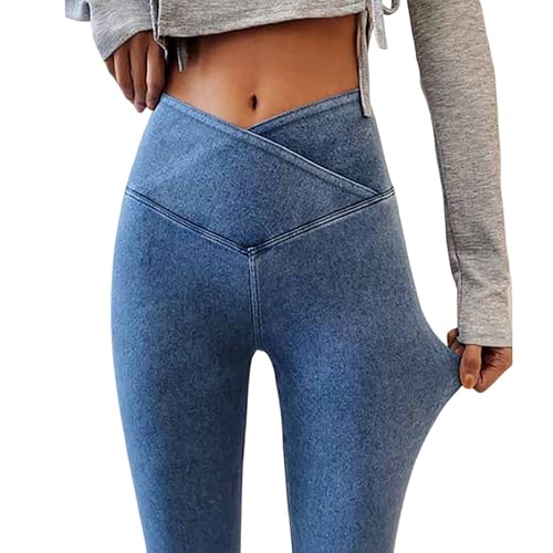 Onsoyours Damen Leggings Jeans-Look High Waist Jeggings Stretch Jeans Hose Blickdicht Einfarbig Yogahosen Kompressions Fitnesshose für Gym Laufen Fitness D Blau XS von Onsoyours