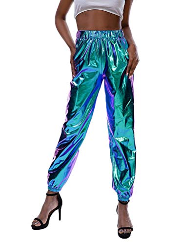 Onsoyours Damen Leggings Print Metallic Punk Glänzend Elastisch Strumpfhose Hüfthose Pants Hose Jogginghose Sport Fitness Freizeit Hose Blau L von Onsoyours