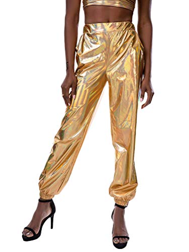 Onsoyours Damen Leggings Print Metallic Punk Glänzend Elastisch Strumpfhose Hüfthose Pants Hose Jogginghose Sport Fitness Freizeit Hose Gold L von Onsoyours