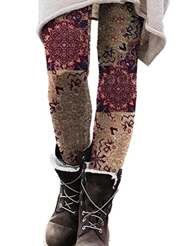 Onsoyours Damen Leggings Stretch Gefüttert Hosen Sporthose High Waist Drucken Freizeithose Verdicken Winterhose Dicken Skinny Warme Jogginghose Laufhosen Winter D Rot M von Onsoyours