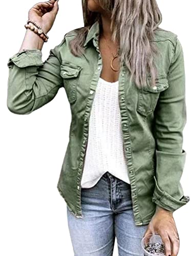 Onsoyours Damen Leicht Jacke Casual Langarm Einfarbig Knopf Stehkragen Kurz Mäntel Herbst Frühling Übergangsjacke Leicht Sommerjacke mit Taschen A Grün L von Onsoyours