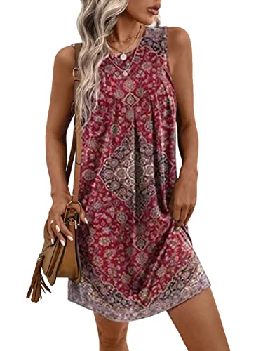 Onsoyours Damen Leichte Sommerkleid Rundhals Blumenkleid Swing Tank Kleid Ärmellos Locker Strandkleid Knielang Elegant Boho Freizeitkleid A-Linie Einfarbig Minikleid B Rot S von Onsoyours