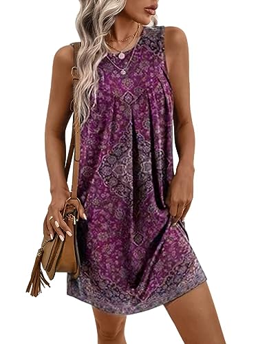 Onsoyours Damen Leichte Sommerkleid Rundhals Blumenkleid Swing Tank Kleid Ärmellos Locker Strandkleid Knielang Elegant Boho Freizeitkleid A-Linie Einfarbig Minikleid B Violett XL von Onsoyours