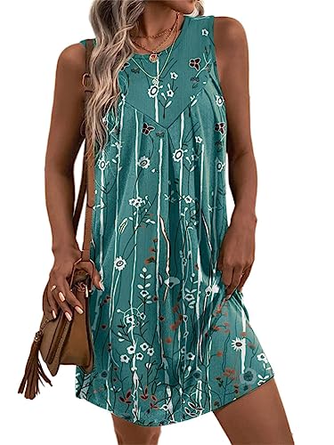 Onsoyours Damen Leichte Sommerkleid Rundhals Blumenkleid Swing Tank Kleid Ärmellos Locker Strandkleid Knielang Elegant Boho Freizeitkleid A-Linie Einfarbig Minikleid D Blau M von Onsoyours
