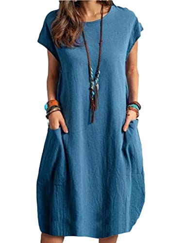 Onsoyours Damen Leinen Baumwolle Kleid Beiläufige Kurzarm Lose Maxikleider Rundhalsausschnitt Kleid Damen Leinenkleid Shirtkleid Leinenkleid Tunika T-Shirt Kleider A Blau L von Onsoyours