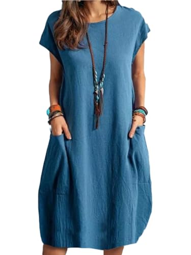 Onsoyours Damen Leinen Baumwolle Kleid Beiläufige Kurzarm Lose Maxikleider Rundhalsausschnitt Kleid Damen Leinenkleid Shirtkleid Leinenkleid Tunika T-Shirt Kleider A Blau M von Onsoyours