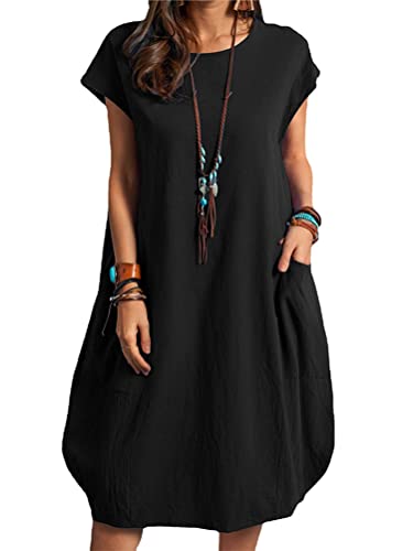 Onsoyours Damen Leinen Baumwolle Kleid Beiläufige Kurzarm Lose Maxikleider Rundhalsausschnitt Kleid Damen Leinenkleid Shirtkleid Leinenkleid Tunika T-Shirt Kleider A Schwarz L von Onsoyours