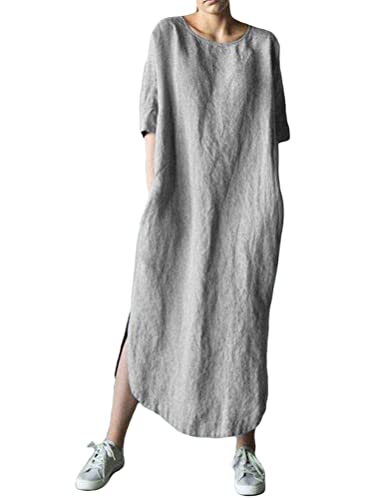 Onsoyours Damen Leinen Baumwolle Kleid Beiläufige Kurzarm Lose Maxikleider Rundhalsausschnitt Kleid Damen Leinenkleid Shirtkleid Leinenkleid Tunika T-Shirt Kleider C Grau 3XL von Onsoyours