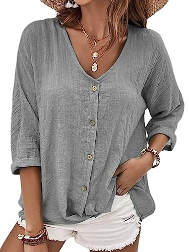 Onsoyours Damen Leinen Bluse Langarm Lose Leinenbluse V-Ausschnitt Knopf Einfarbig Blusen Hemd Shirt Langarmshirt Oberteile Tunika Lang Tops A Grau M von Onsoyours
