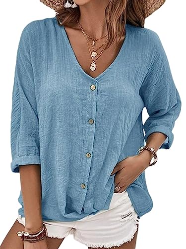 Onsoyours Damen Leinen Bluse Langarm Lose Leinenbluse V-Ausschnitt Knopf Einfarbig Blusen Hemd Shirt Langarmshirt Oberteile Tunika Lang Tops A Himmelblau L Onsoyours Damen Leinen Bluse Langarm Lose Leinenbluse V-Ausschnitt Knopf Einfarbig Blusen Hemd Shirt Langarmshirt Oberteile Tunika Lang Tops A Himmelblau L von Onsoyours
