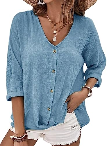 Onsoyours Damen Leinen Bluse Langarm Lose Leinenbluse V-Ausschnitt Knopf Einfarbig Blusen Hemd Shirt Langarmshirt Oberteile Tunika Lang Tops A Himmelblau XL von Onsoyours