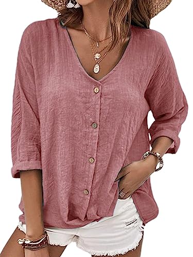 Onsoyours Damen Leinen Bluse Langarm Lose Leinenbluse V-Ausschnitt Knopf Einfarbig Blusen Hemd Shirt Langarmshirt Oberteile Tunika Lang Tops A Rosa L von Onsoyours