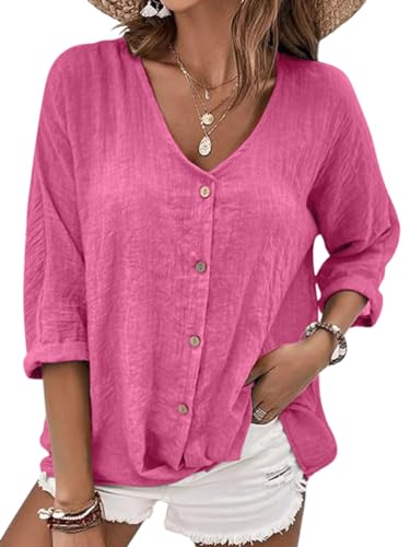 Onsoyours Damen Leinen Bluse Langarm Lose Leinenbluse V-Ausschnitt Knopf Einfarbig Blusen Hemd Shirt Langarmshirt Oberteile Tunika Lang Tops A Rosa XXL von Onsoyours