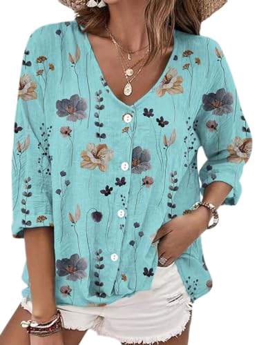 Onsoyours Damen Leinen Bluse Langarm Lose Leinenbluse V-Ausschnitt Knopf Einfarbig Blusen Hemd Shirt Langarmshirt Oberteile Tunika Lang Tops B Blau XL von Onsoyours