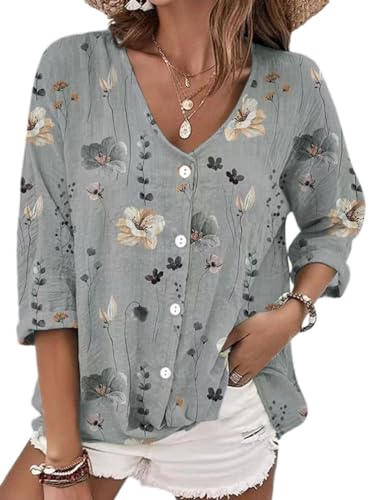 Onsoyours Damen Leinen Bluse Langarm Lose Leinenbluse V-Ausschnitt Knopf Einfarbig Blusen Hemd Shirt Langarmshirt Oberteile Tunika Lang Tops B Grau 3XL von Onsoyours