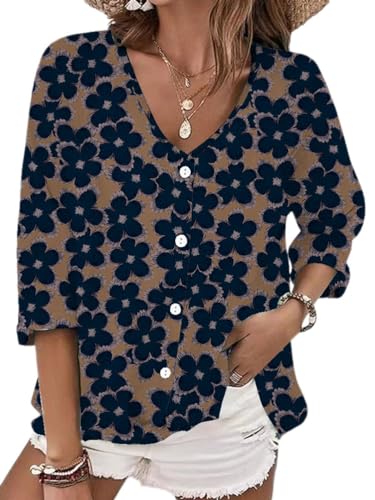 Onsoyours Damen Leinen Bluse Langarm Lose Leinenbluse V-Ausschnitt Knopf Einfarbig Blusen Hemd Shirt Langarmshirt Oberteile Tunika Lang Tops B Marineblau L von Onsoyours