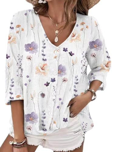 Onsoyours Damen Leinen Bluse Langarm Lose Leinenbluse V-Ausschnitt Knopf Einfarbig Blusen Hemd Shirt Langarmshirt Oberteile Tunika Lang Tops B Weiß-2 XXL von Onsoyours